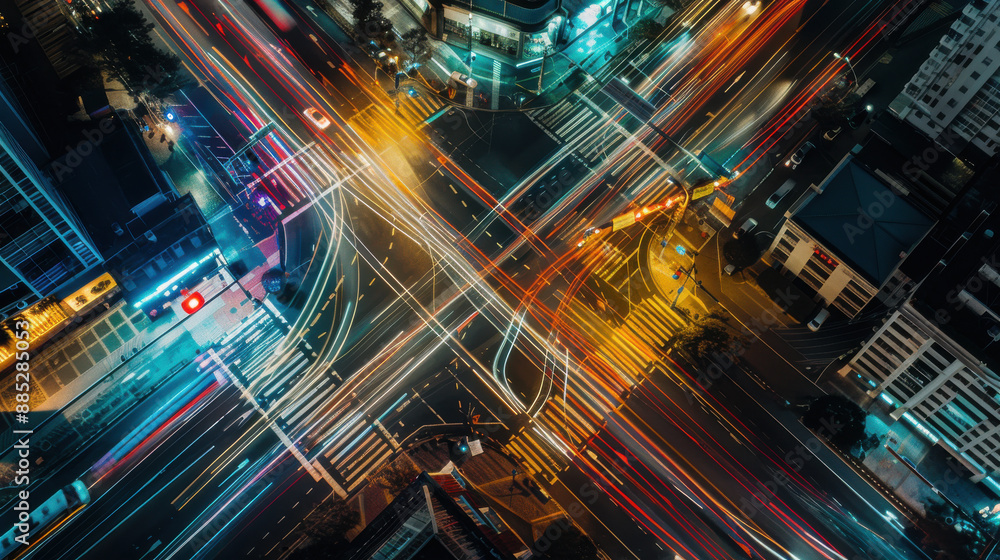 A busy city intersection at night, with headlights and tail lights creating light trails A busy city intersection at night, with headlights and tail lights creating light trails