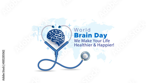 Vector illustration of World Brain Day. Brain design with doctor stethoscope and world map on white background.