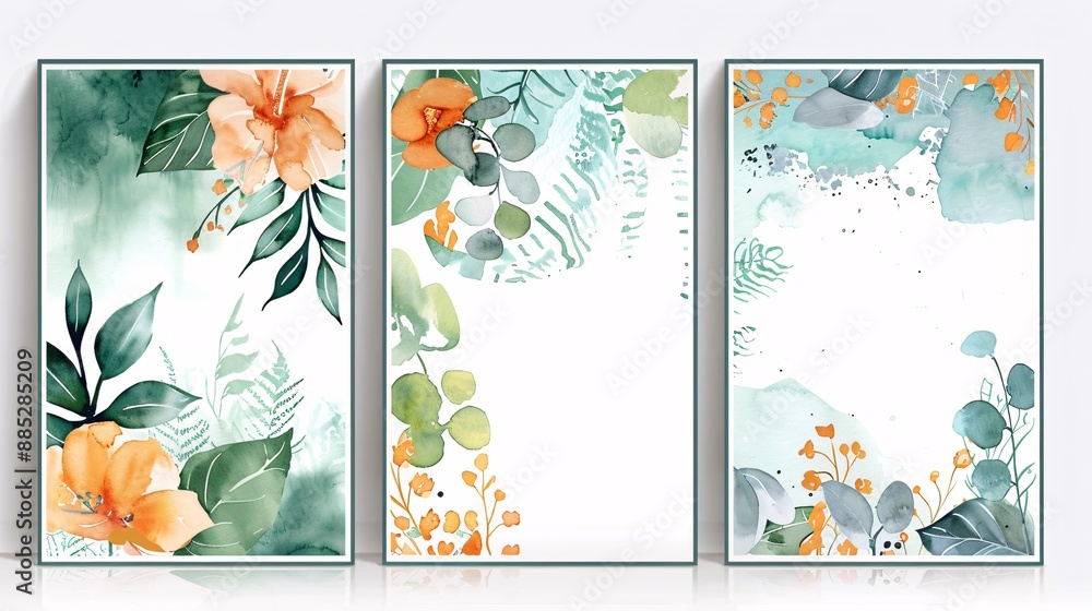 Fototapeta premium Three watercolor art posters with a continuous image, creating a harmonious and stylish wall display on a white background