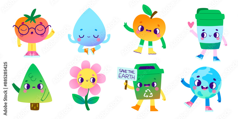 Obraz premium Old cartoon eco characters set. Cute vector groovy mascots for kids environmental education.