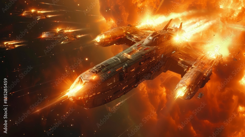Exciting space battle between starships, with laser beams and explosions lighting up the dark void. Exciting space battle between starships, with laser beams and explosions lighting up the dark void.