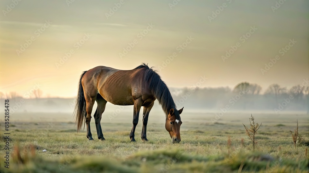 Fototapeta premium Brown horse grazing in soft sunset light on open field , horse, brown, grazing, sunset, soft light