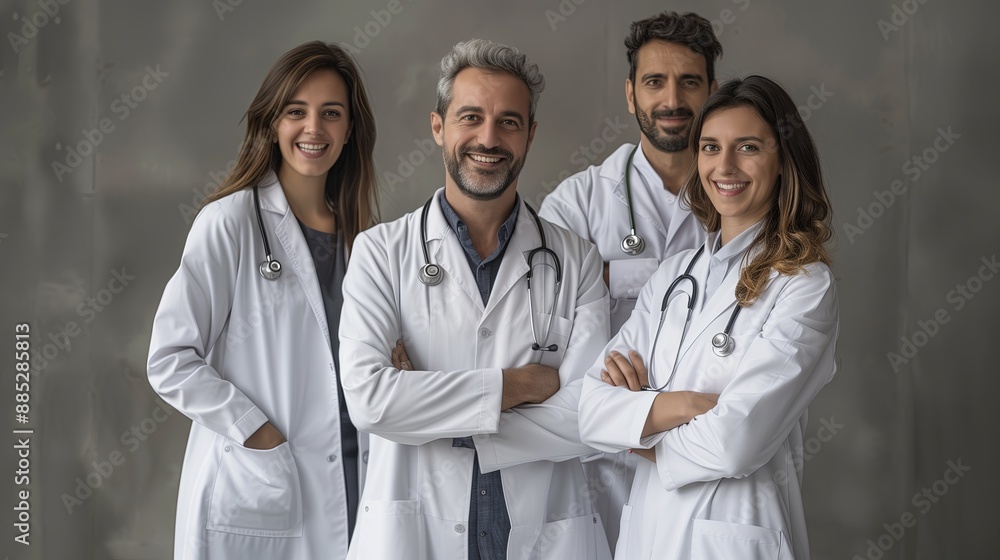 Fototapeta premium A professional team of four doctors, consisting of two men and two women, stand confidently in their white lab coats with stethoscopes, exemplifying expertise and collaboration in a healthcare setting