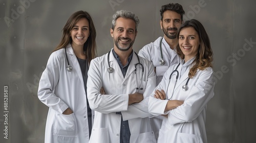 A professional team of four doctors, consisting of two men and two women, stand confidently in their white lab coats with stethoscopes, exemplifying expertise and collaboration in a healthcare setting