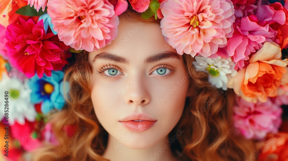 A woman with a flower headdress and a bright smile. The flowers are in various colors and the woman's hair is curly. Beauty girl takes beautiful flowers. Blowing flower. Hairstyle with flowers. A woman with a flower headdress and a bright smile. The flowers are in various colors and the woman's hair is curly. Beauty girl takes beautiful flowers. Blowing flower. Hairstyle with flowers.