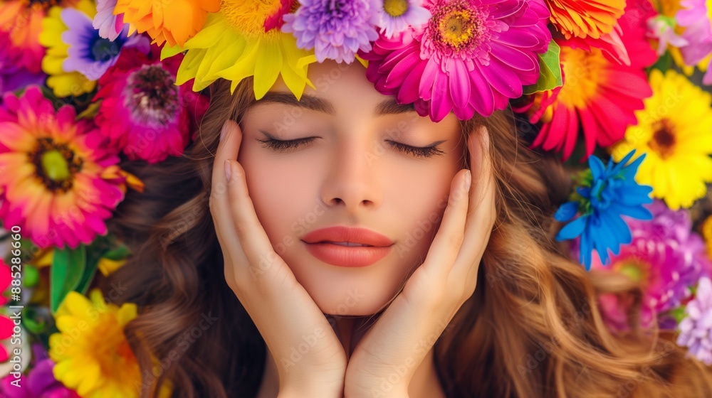 A woman with long brown hair wearing a flower crown. The flowers are in various colors and are arranged in a way that covers her head. The woman is looking at the camera with a serene expression A woman with long brown hair wearing a flower crown. The flowers are in various colors and are arranged in a way that covers her head. The woman is looking at the camera with a serene expression