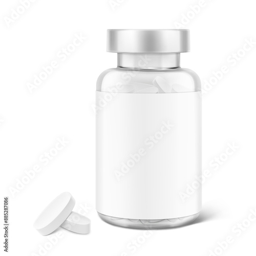 Clear i-catching pill bottle with label mockup for treats, vitamins, supplements isolated on white background. Vector illustration. ready for your design. EPS10.	