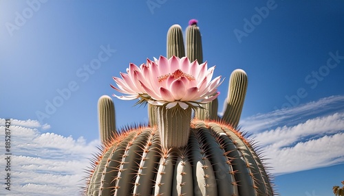 azureocereus cactus towering against a blue sky with a vibrant display of pink flowers highlighting the contrast between the arid environment and blooming life illustration minimalism photo