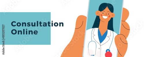 Hand Holding Smartphone with Female Medical Specialist on Smartphone Screen. Medical Insurance. Modern Flat Vector Illustration. Consultation Online. Website Banner  Template.