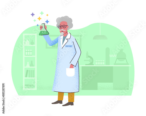 Elderly male scientist holding a science flask