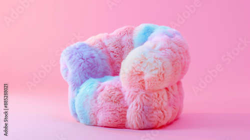 a fluffy chair, furniture, pastel-colored, pink background. soft texture, pink wool yarn