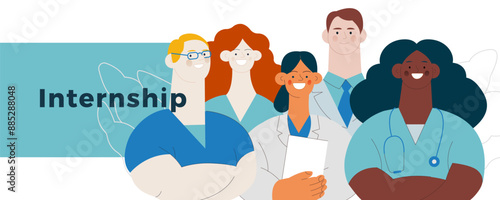 Internship Jobs. Modern Vector Concept Illustration. Medical Specialists Standing Together, Team of Interns on Abstract Background. Website Banner.