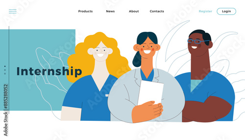Internship Jobs. Modern Vector Concept Illustration. Medical Specialists Standing Together, Team of Interns on Abstract Background. Website Banner, Landing Page Template.