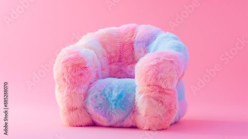 a fluffy chair, furniture, pastel-colored, pink background. soft texture, pink wool yarn