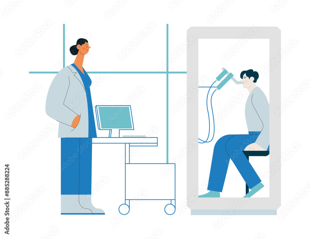 Fototapeta premium Female Medical Specialist and Male Patient Performs Whole Body Plethysmography in Medical Office or Laboratory. Modern Flat Vector Concept Illustration.