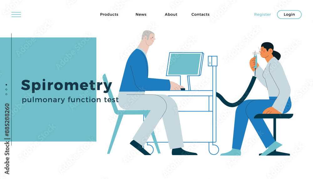 Spirometry. Pulmonary function test. Modern Flat Vector Illustration. Medical Specialist with Female Patient Performs Spirometry in Laboratory or Office. Website Banner, Landing Page Design Template. Spirometry. Pulmonary function test. Modern Flat Vector Illustration. Medical Specialist with Female Patient Performs Spirometry in Laboratory or Office. Website Banner, Landing Page Design Template.