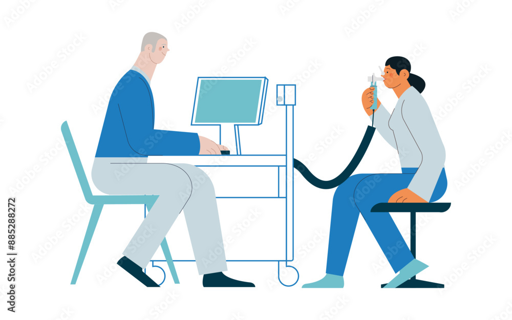 Spirometry. Pulmonary function test. Modern Flat Vector Illustration. Medical Specialist with Female Patient Performs Spirometry in Laboratory or Office. Spirometry. Pulmonary function test. Modern Flat Vector Illustration. Medical Specialist with Female Patient Performs Spirometry in Laboratory or Office.