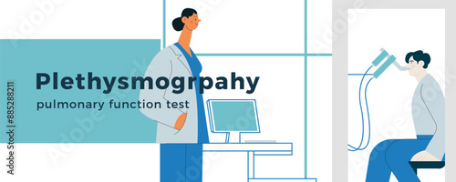 Female Medical Specialist and Male Patient Performs Whole Body Plethysmography in Medical Office or Laboratory. Modern Flat Vector Concept Illustration. Website Banner Template.
