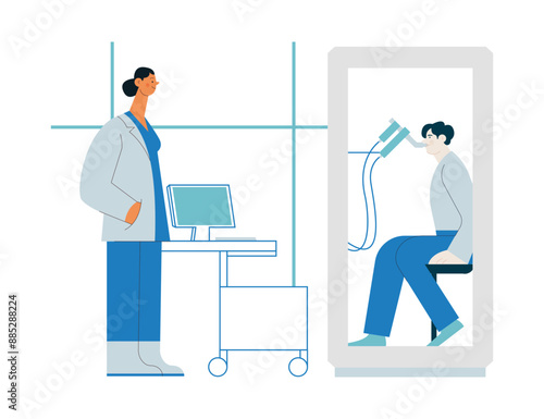 Female Medical Specialist and Male Patient Performs Whole Body Plethysmography in Medical Office or Laboratory. Modern Flat Vector Concept Illustration. 