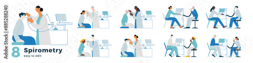 Spirometry vector illustrations collection. Medical Specialists and Patients Performing Whole Body Plethysmography and Spirometry  in Medical Office or Laboratory.