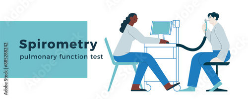 Spirometry. Pulmonary function test. Modern Flat Vector Illustration. Dark Skin Medical Specialist with Male Patient Performs Spirometry in Laboratory or Office. Website Banner Template