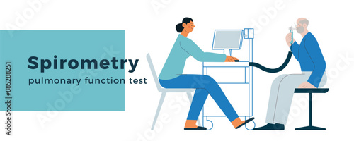 Spirometry. Pulmonary function test. Modern Flat Vector Illustration. Medical Specialist with Male Patient Performs Spirometry in Laboratory or Office. Website Banner Template.