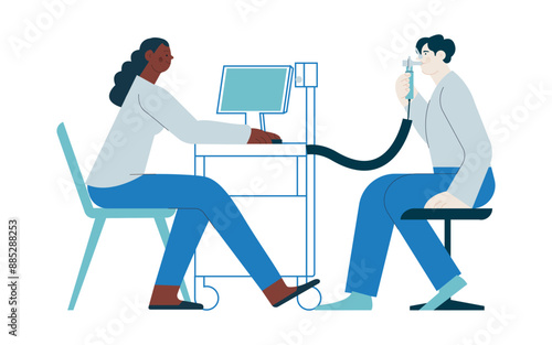 Spirometry. Pulmonary function test. Modern Flat Vector Illustration. Dark Skin Medical Specialist with Male Patient Performs Spirometry in Laboratory or Office. 