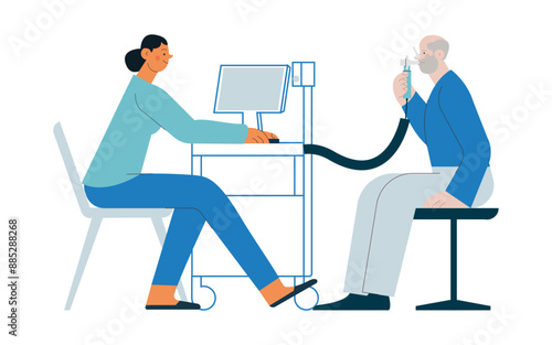 Spirometry. Pulmonary function test. Modern Flat Vector Illustration. Medical Specialist with Male Patient Performs Spirometry in Laboratory or Office. 