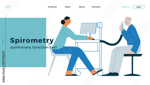 Spirometry. Pulmonary function test. Modern Flat Vector Illustration. Medical Specialist with Male Patient Performs Spirometry in Laboratory or Office. Website Banner, Landing Page Design Template.