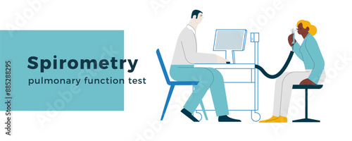Spirometry. Pulmonary function test. Modern Flat Vector Illustration. Medical Specialist with Dark Skin Tone Female Patient Performs Spirometry in Laboratory or Office. Website Banner Template