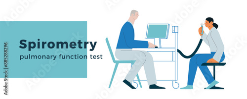 Spirometry. Pulmonary function test. Modern Flat Vector Illustration. Medical Specialist with Female Patient Performs Spirometry in Laboratory or Office. Website Banner Template.