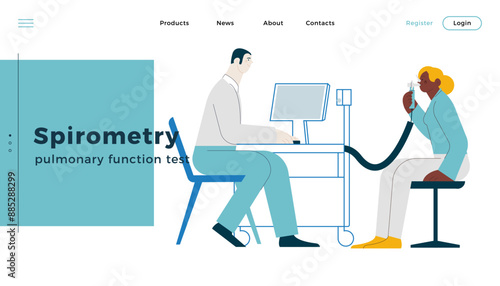 Spirometry. Pulmonary function test. Modern Flat Vector Illustration. Medical Specialist with Dark Skin Tone Female Patient Performs Spirometry in Laboratory or Office. Website Banner Template