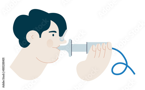 Male Performs Pulmonary Function Test. Modern Flat Vector Illustration. Lung Function Test on Patient. 
