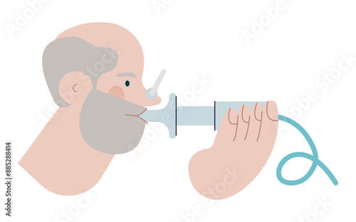 Senior Male Performs Pulmonary Function Test. Modern Flat Vector Illustration. Lung Function Test on Patient. 