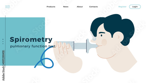 Male Performs Pulmonary Function Test. Modern Flat Vector Illustration. Lung Function Test on Patient. Website Banner, Landing Page Design Template.