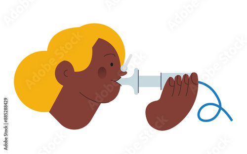 Dark Skin Tone Female Performs Pulmonary Function Test. Modern Flat Vector Illustration. Lung Function Test on Patient. 