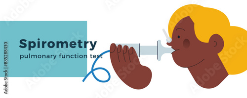 Dark Skin Tone Female Performs Pulmonary Function Test. Modern Flat Vector Illustration. Lung Function Test on Patient. Website Banner Template.