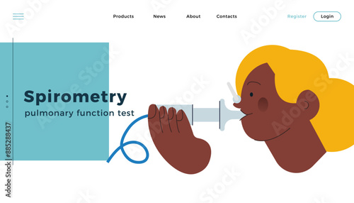Dark Skin Tone Female Performs Pulmonary Function Test. Modern Flat Vector Illustration. Lung Function Test on Patient. Website Banner, Landing Page Design Template.