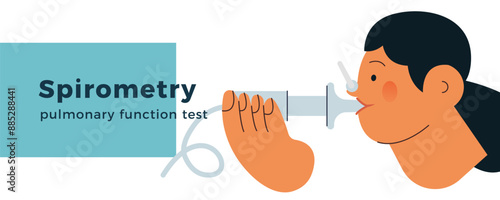 Female Performs Pulmonary Function Test. Modern Flat Vector Illustration. Lung Function Test on Patient. Website Banner Template.