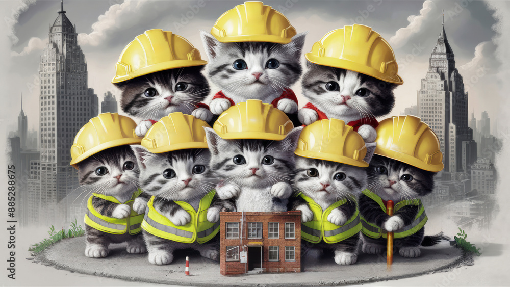 Fototapeta premium A group of kittens wearing hard hats and holding a building, AI