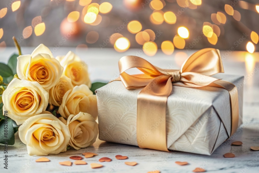 A box with a bow on top and a bunch of roses on the side A box with a bow on top and a bunch of roses on the side