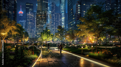A city park at night with illuminated pathways, people strolling, and skyscrapers in the background