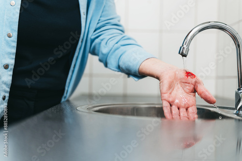 Person washing away dirt and blood from wound in sink