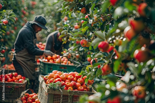 Workers in an orchard hand-pick bright red apples from the branches and fill crates with the harvest. Generative AI