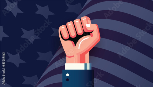 Raised Fist with American Flag in the background. Elections in United States of America. Fighting for freedom. Vector Illustration.