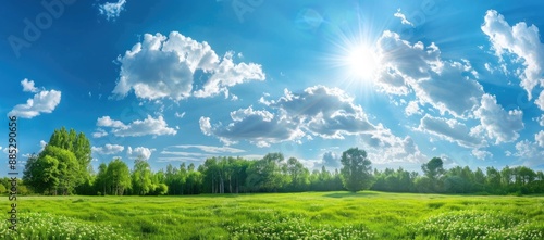 Sunny Meadow with Lush Greenery and Blue Sky