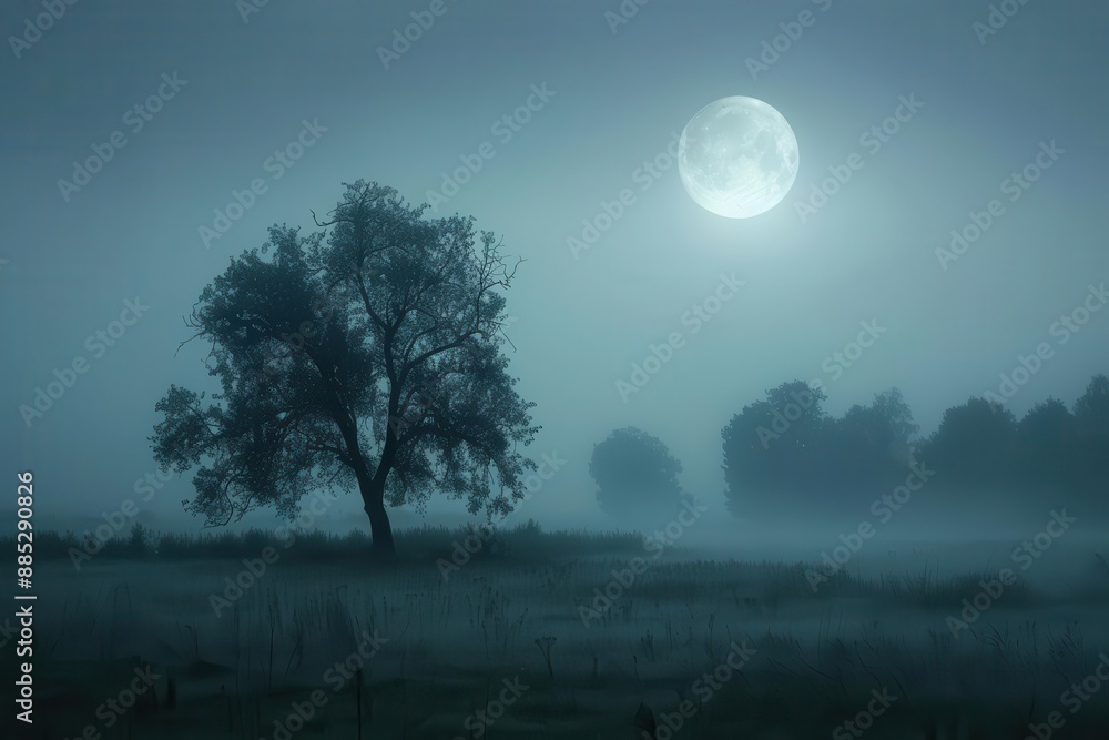 ethereal moonlit field shrouded in dense fog silhouetted trees mystical atmosphere long exposure effect monochromatic tones ethereal moonlit field shrouded in dense fog silhouetted trees mystical atmosphere long exposure effect monochromatic tones