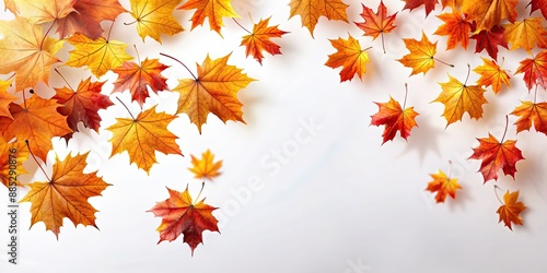 Falling red and orange maple leaves on white background, autumn, fall, foliage, seasonal, nature, vibrant, colorful, autumnal, leaf