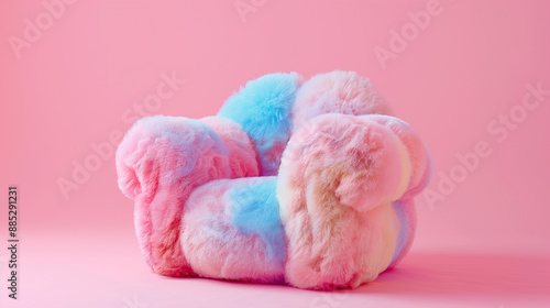 a fluffy chair, furniture, pastel-colored, pink background. soft texture, pink wool yarn