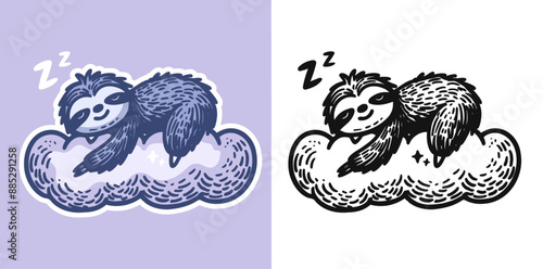 cute sloth sleeping on a cloud doodle, colored and black set 